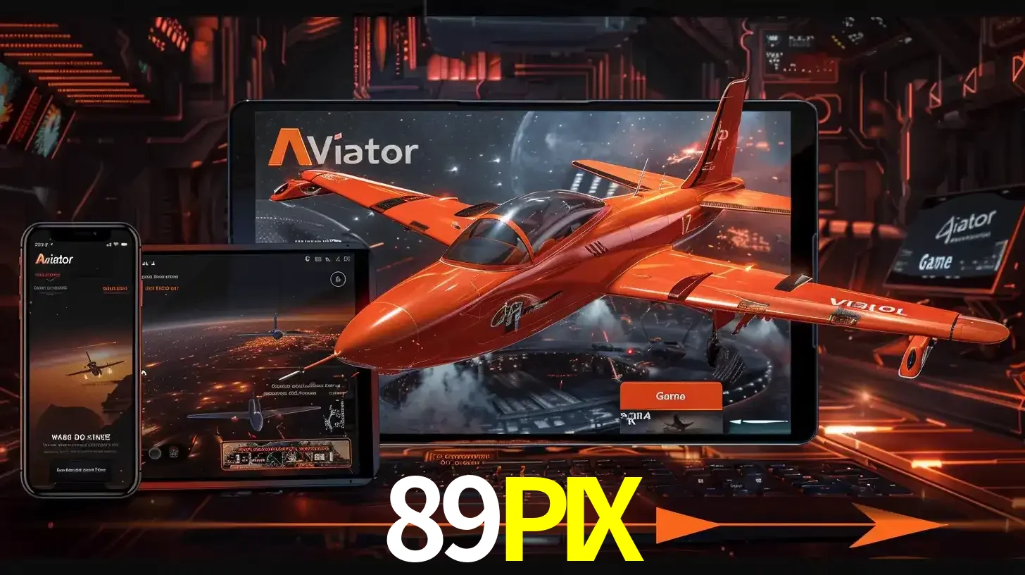 Apresentação tecnológica do jogo Aviator com um avião saindo da tela de um tablet, demonstrando a experiência imersiva em múltiplos dispositivos no 89PIX.