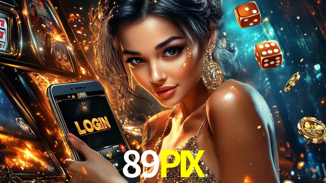 Mulher glamourosa segurando um celular com a tela de login do cassino 89PIX, rodeada por dados e moedas douradas, pronta para começar a diversão.