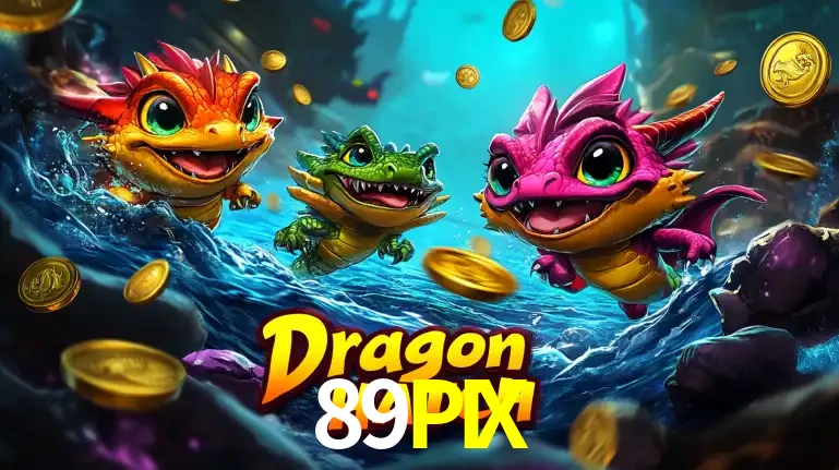 Arte promocional do jogo Dragon Hatch com três adoráveis dragões bebês nadando entre moedas de ouro, um dos slots mais divertidos para jogar no cassino 89PIX.