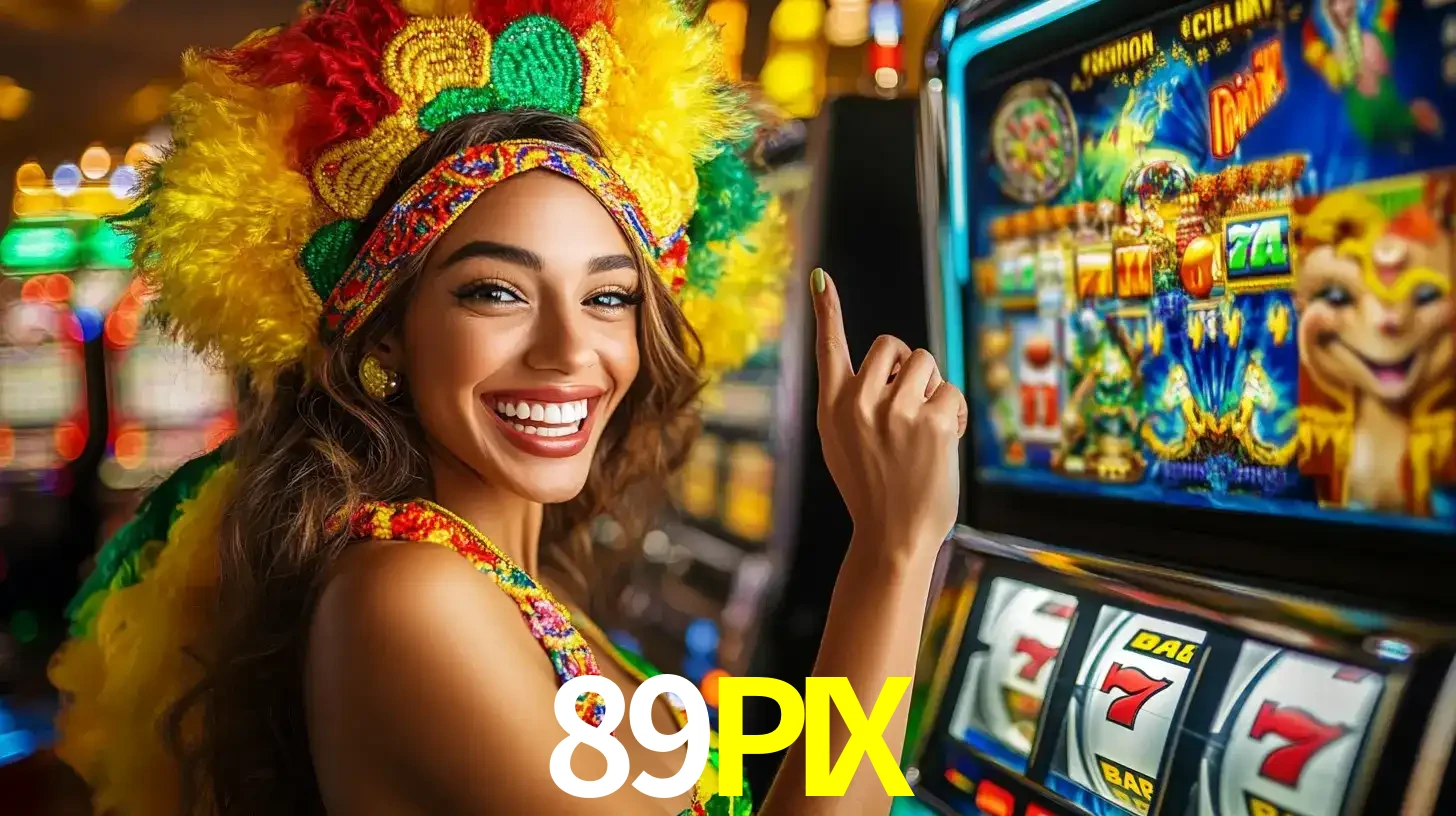 Mulher animada com um cocar de carnaval apontando para uma máquina de caça-níqueis, mostrando a emoção de ganhar um grande prêmio nos jogos do 89PIX.