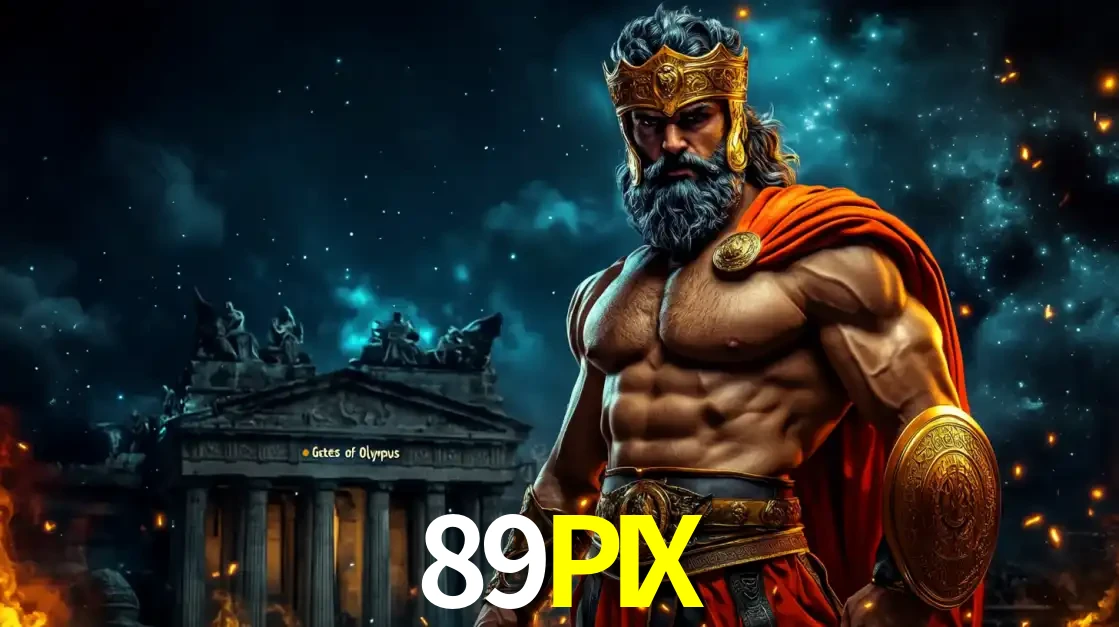 O poderoso Zeus do jogo de slot Gates of Olympus em frente ao seu templo, pronto para lançar multiplicadores divinos e prêmios épicos no cassino online 89PIX.