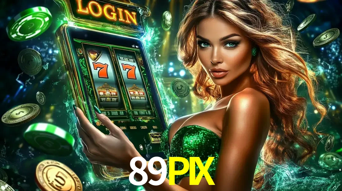 Mulher com tema verde apresentando o aplicativo do cassino 89PIX com um jogo de slot de 777, cercada por fichas de cassino e uma aura de sorte.