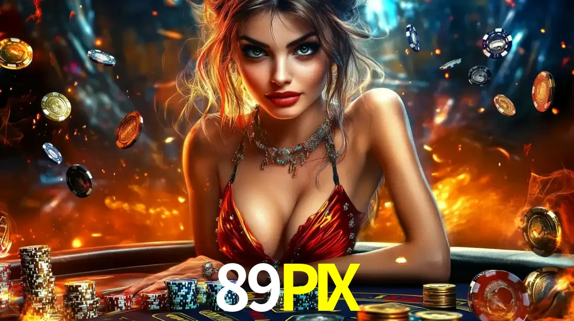 Mulher em uma mesa de cassino com pilhas de fichas e um fundo de fogo, pronta para uma rodada de altas apostas nos jogos de mesa emocionantes do cassino 89PIX.